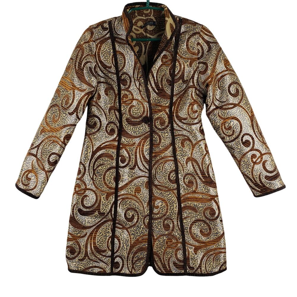 Khangura Womens S Longline‎ Tapestry Sweater Coat Golden Brown Beige Swirl Artsy